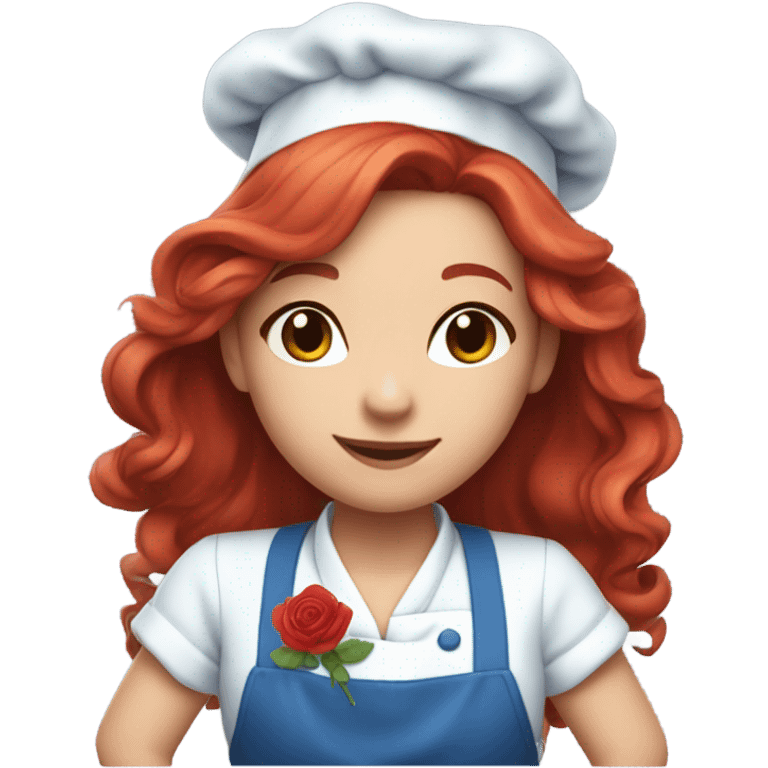 Cute long red hair girl chef.. with blue clothes on.. roses on her clothes.. attractive  emoji