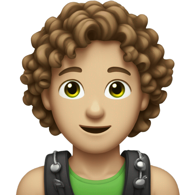 White boy with brown curly wavey hair with green eyes and a necklace and braces emoji