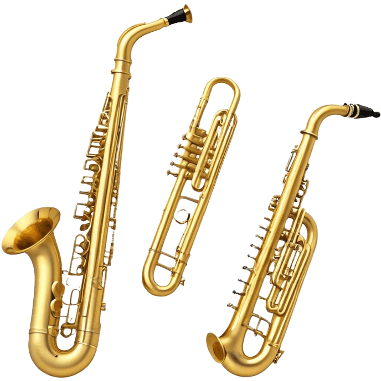 Create a professional, harmonious emoji collage symbolizing wind instruments. The design should include a trumpet, saxophone, trombone, flute, and French horn, all arranged in a balanced and visually pleasing way. The trumpet should have a shiny brass finish with a gleaming bell, the saxophone should have smooth curves and a golden body. The trombone should feature a prominent tuning slide and large bell, while the flute should be sleek and silver with visible keys. The French horn should have a coiled design and wide bell. The instruments should be in metallic gold, silver, and brass tones, with subtle reflections to convey a professional and polished appearance. Add soft musical notes or soundwaves to surround the instruments, creating a sense of movement and sound. The background should be transparent, ensuring all instruments are the focus and the composition remains harmonious and balanced. emoji