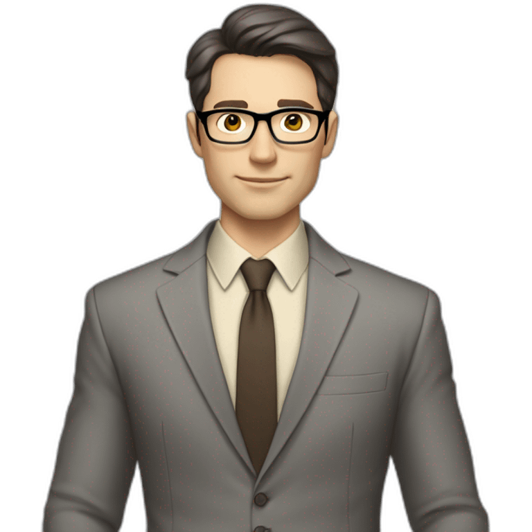 Full height Pale skinned Fit Man With dark brown hair in classic gray suit, beige office shirt, dark gray tie, and vintage glasses. His hands lock emoji