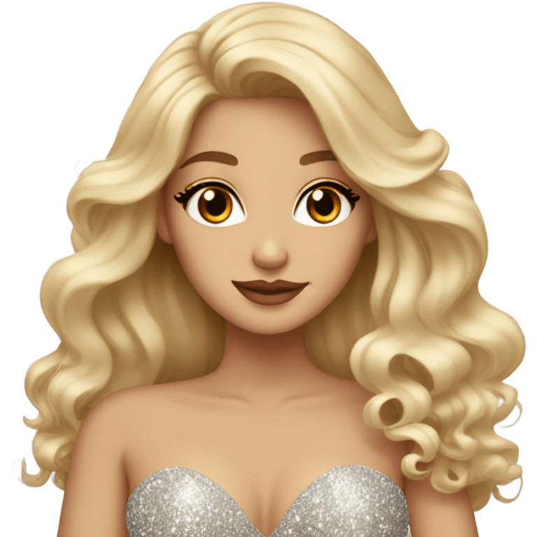 Gorgeous blonde woman, brown eyes, long wavy hair, wearing a sparkly gown emoji