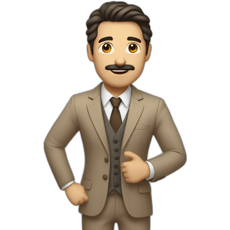 Man with light brown suit, dark hair and small mustache. He holds his arm up in the air emoji