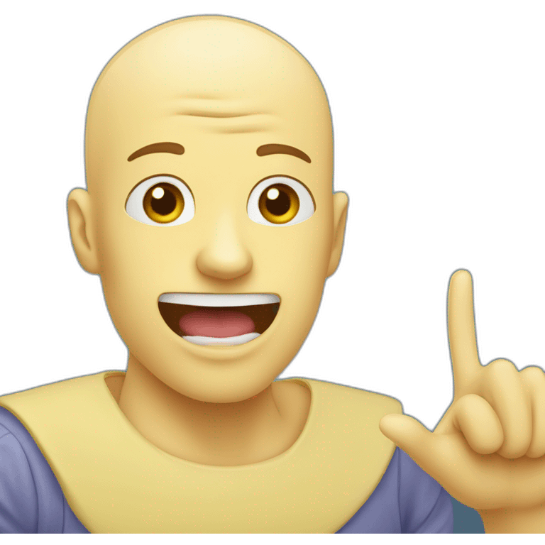 a bald yellow emoji with freckles and a round head pointing the index finger skywards. It has two prominent upper incisors, while the lower incisors are hidden by the lower lip. emoji