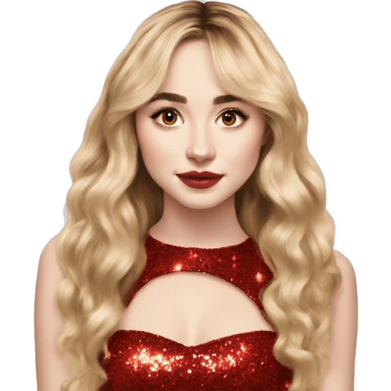 red sparkly dress Sabrina carpenter, long wavy blonde hair with bangs emoji