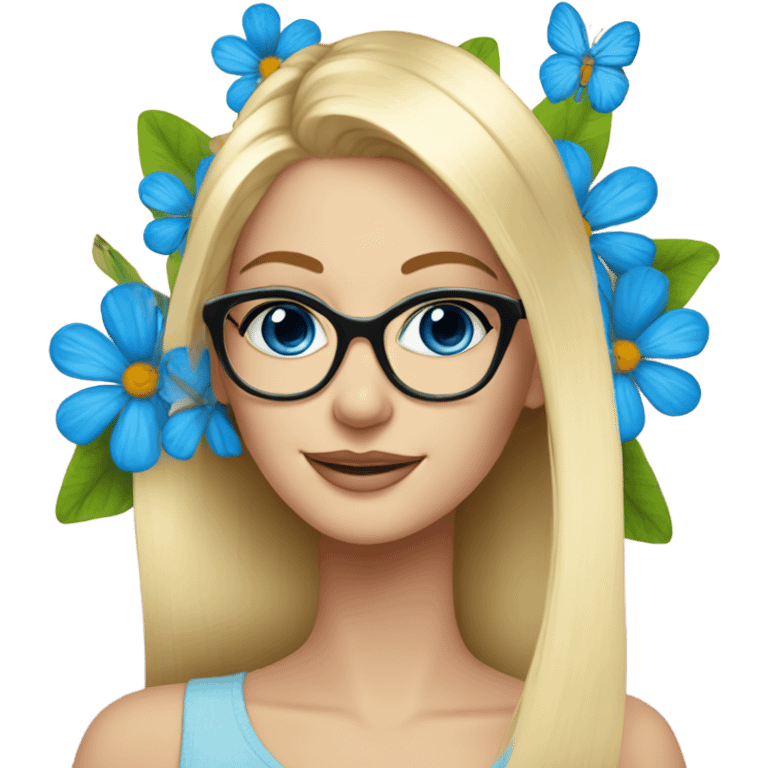 Gorgeous blond lady blue eyes with flowers and butterflies wearing glasses  emoji