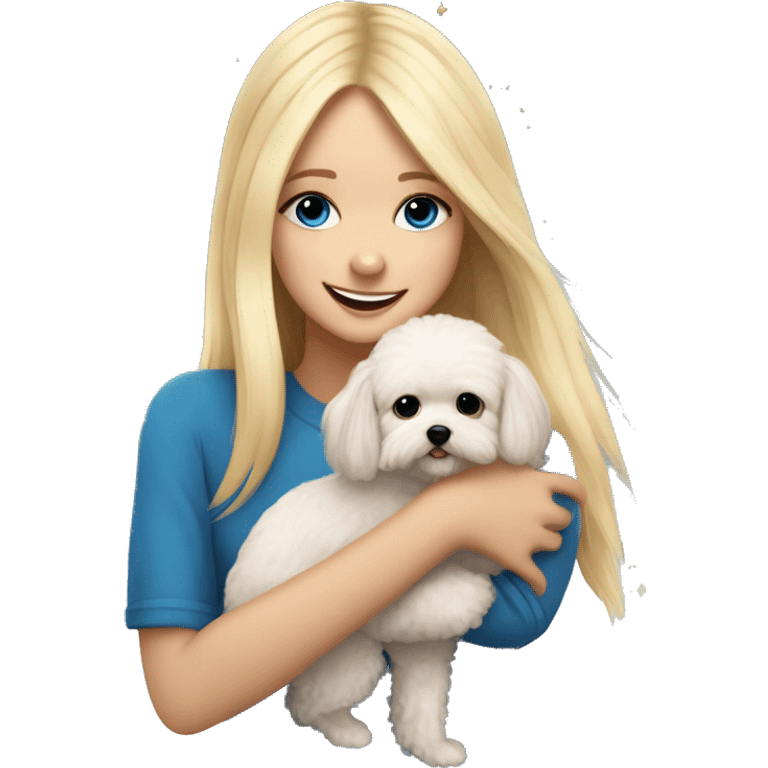 Blonde girl with long straight hair and blue eyes hugs a small  maltipoo and they are celebrating a new year  emoji