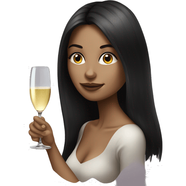 Hyperrealistic woman with black long hair drinks champagne emoji