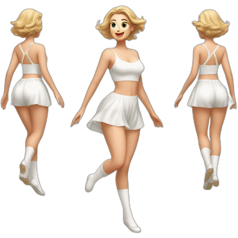 realistic full body caucasian curvy beauty jumping short dress back and front views strong wind white knickers long white socks emoji