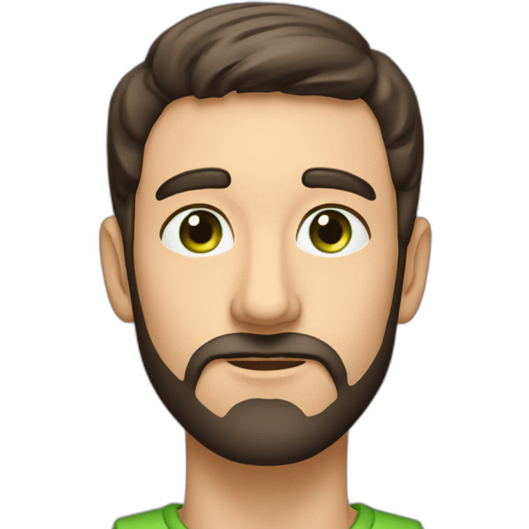 Male, thin face, dark brown beard 10cm long and reaching up to the nose, protruding ears, green eyes, cap. emoji