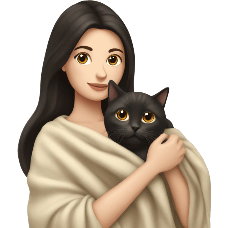 pretty white woman with dark hair petting cat in beige blanket emoji