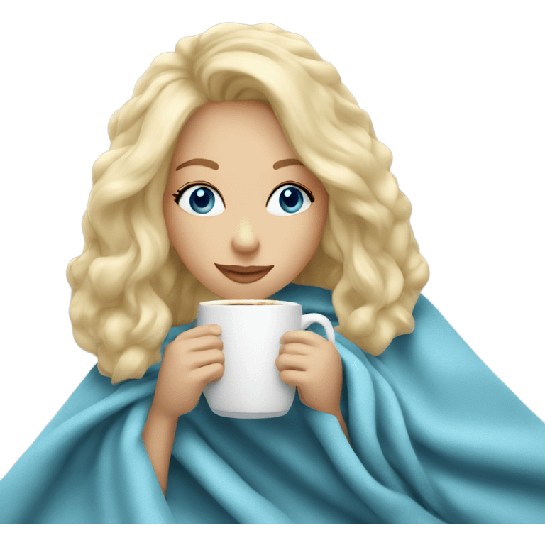 Blonde hair blue eye girl sipping coffee under blanket  emoji