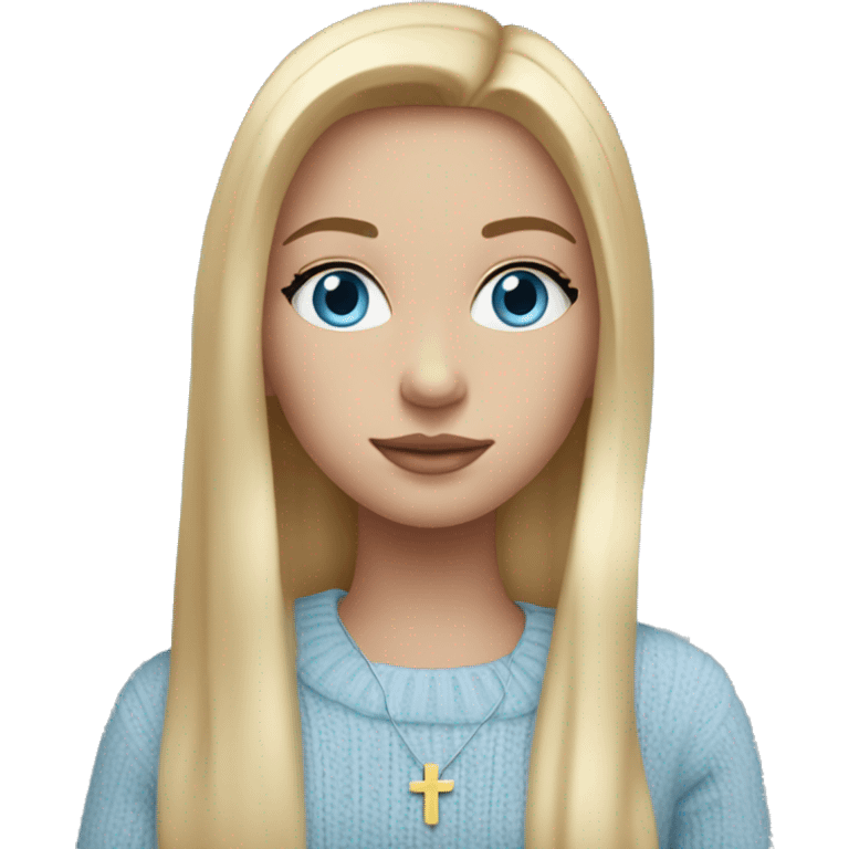 Girl with blonde long straight hair, blue eyes, sweater that is pastel blue, golden hoop earrings, blue eyes, and cross necklace emoji