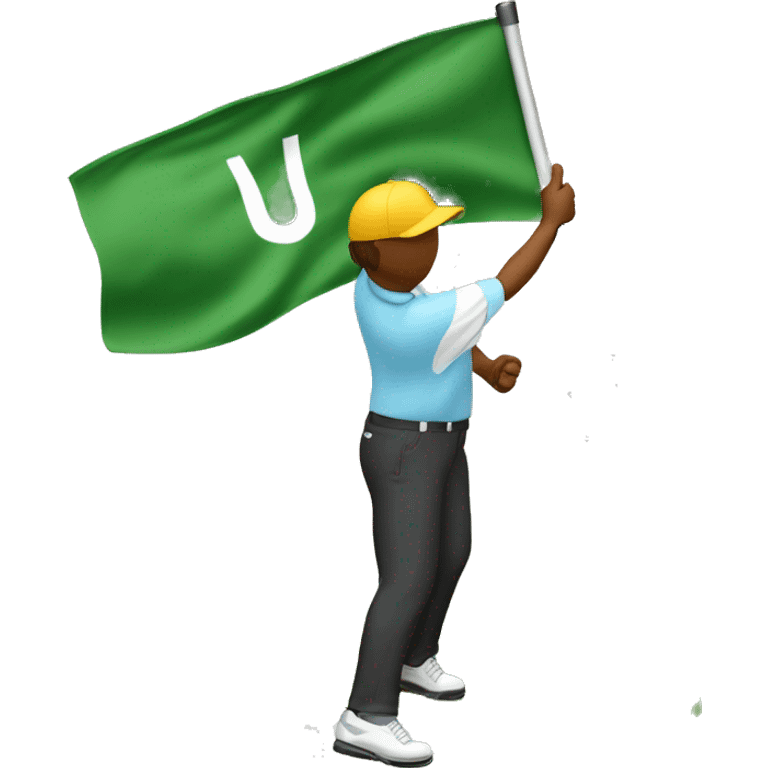 Golfer jumping up in the air with a golf club in hand on the putting green with the flag in the hole emoji