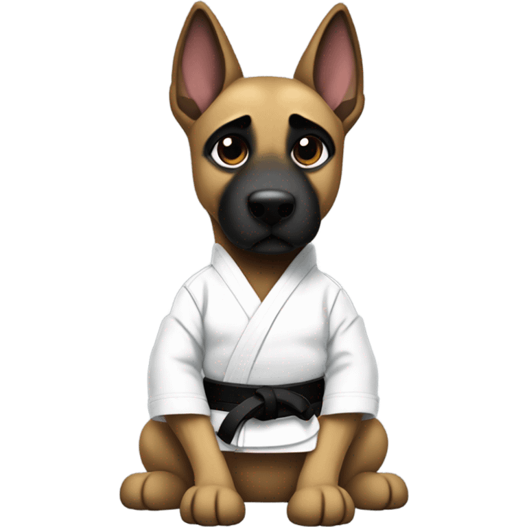 Malinois wearing white jiujitsu gi with a black belt emoji