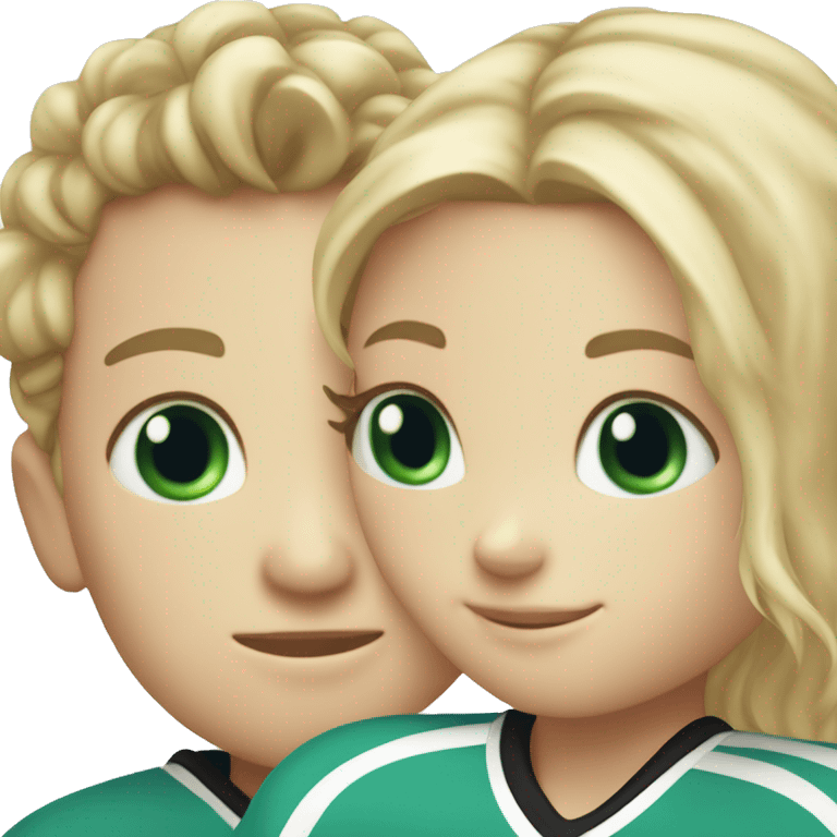 A hockey boy and a figure skating girl hugging the girl has blond hair and blue eyes the boy has black hair with green eyes  emoji