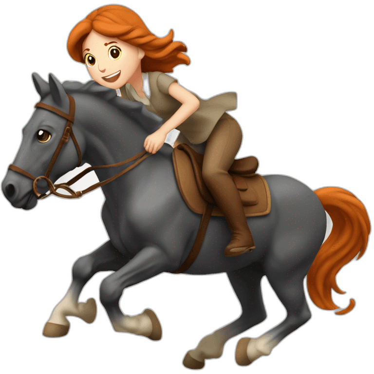 Fille rousse sur un cheval qui saute un obstacle emoji