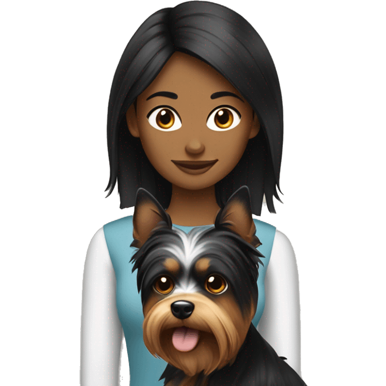 black hair girl with a yorkshire terrier in front of her emoji