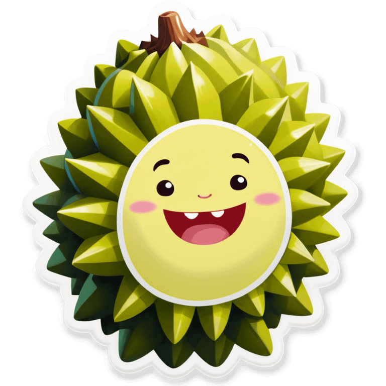 A cute and smiling durian fruit with a whimsical and friendly expression. The durian’s spiky green shell is slightly open, revealing its soft yellow flesh inside. The design is cartoon-like, colorful, and cheerful, set against a light background. The focus is on making the durian look adorable and inviting, with rounded features and a playful vibe. emoji