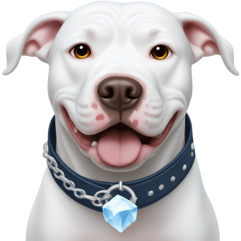 White pitbull with a collar that spells out Ice swimming with beluga emoji