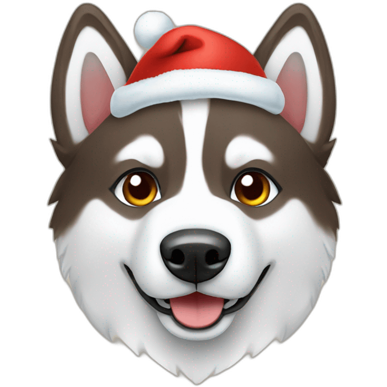 Brown and white husky with a Christmas hat emoji