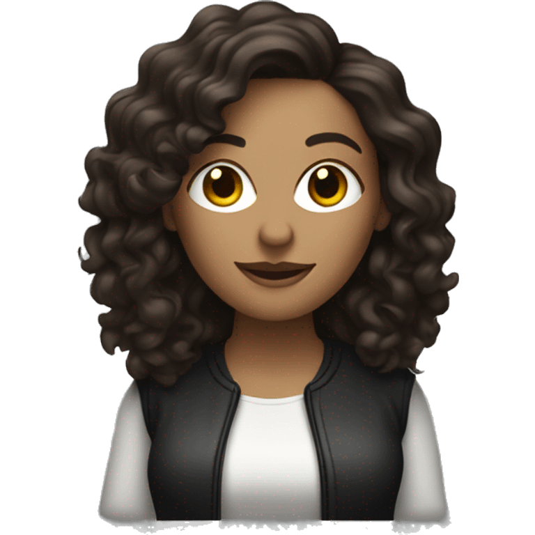 White woman with long dark brown curly hair DJing emoji