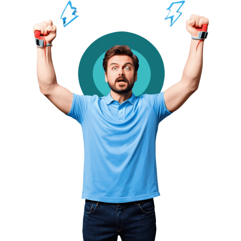 Man holding both arms in the air and holding an electrical cable der Man looks sad emoji