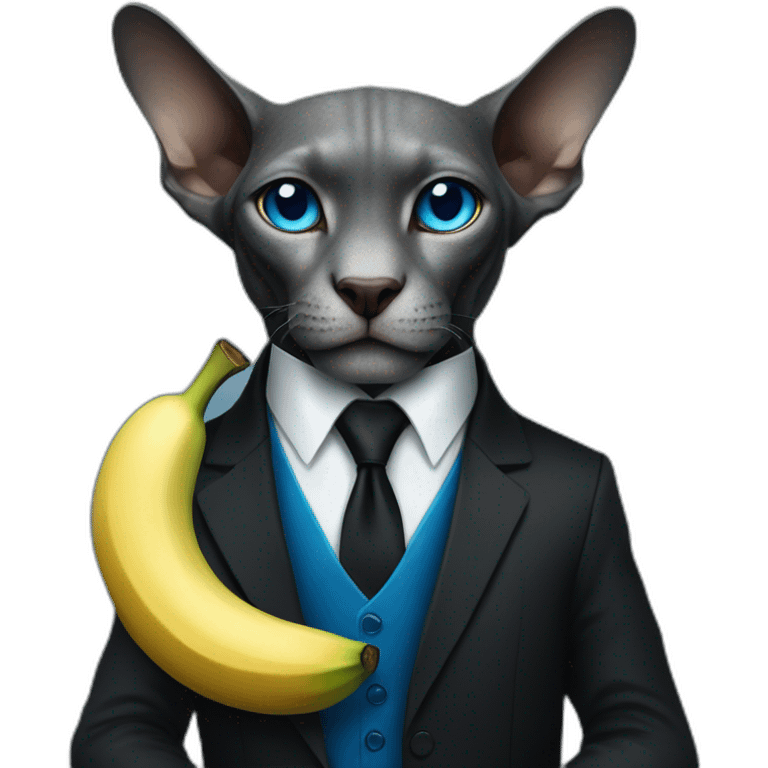 dark grey sphinx with bright blue eyes wearing black suit, holding banana in paws, portrait emoji