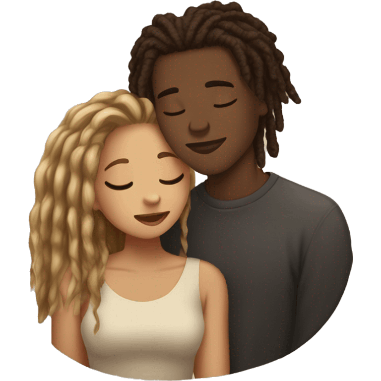 Brown skinned young man with dreadlocks and young woman with beige skin and straight dark blonde hair kissing. Closed eyes emoji