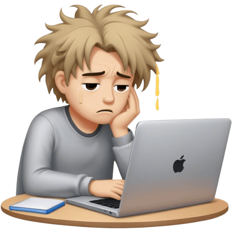 Create an emoji of a tired person sitting at a laptop, looking exhausted and frustrated. They have slouched posture and messy hair, representing overwork and burnout. emoji