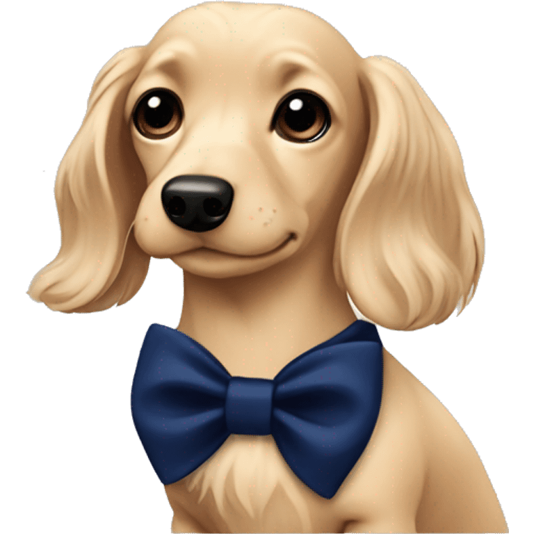 Cream Dachshund long haired wearing a navy blue collar with a navy blue bow on the collar emoji