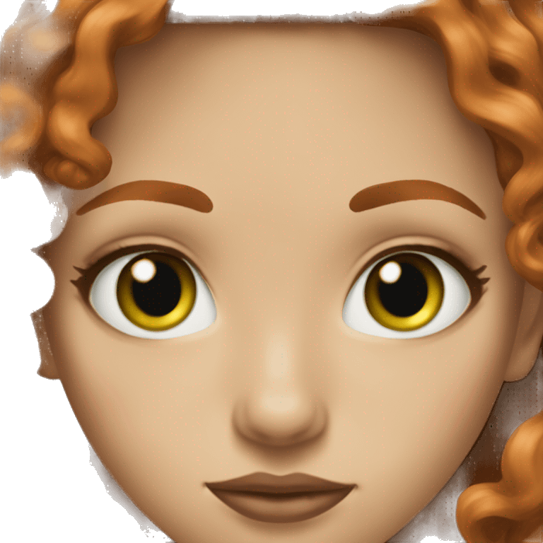 green eyes young woman central, small nose redhead long hair layers loose curls freckles brown lipstick emoji