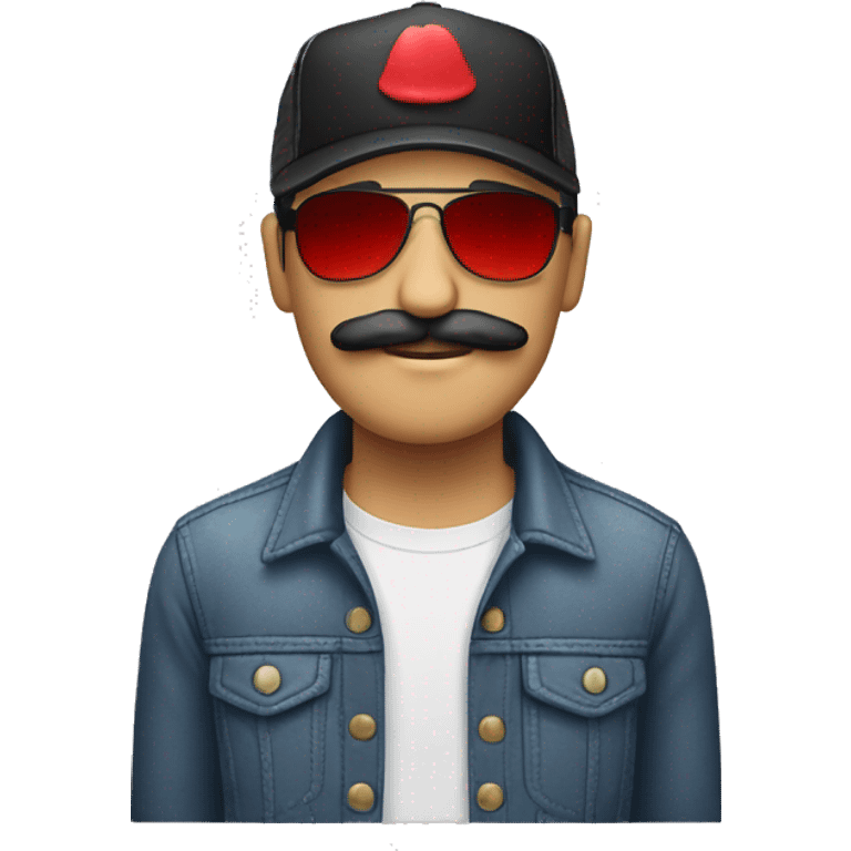 a white male with black hair, wearing red with a moustache and a trucker hat and sunglasses  emoji