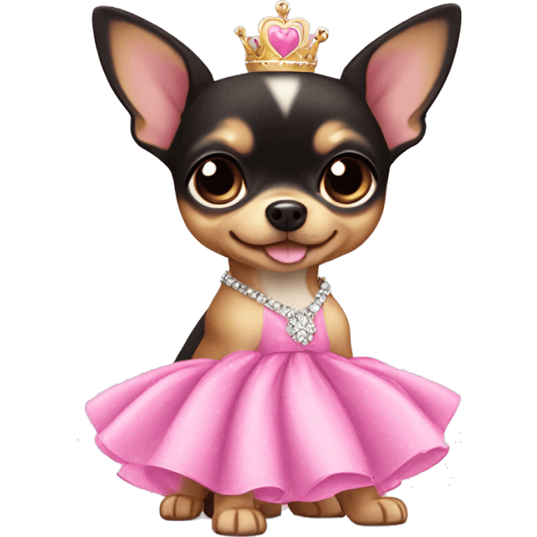 black & tan chihuahua puppy wearing a pink princess dress emoji