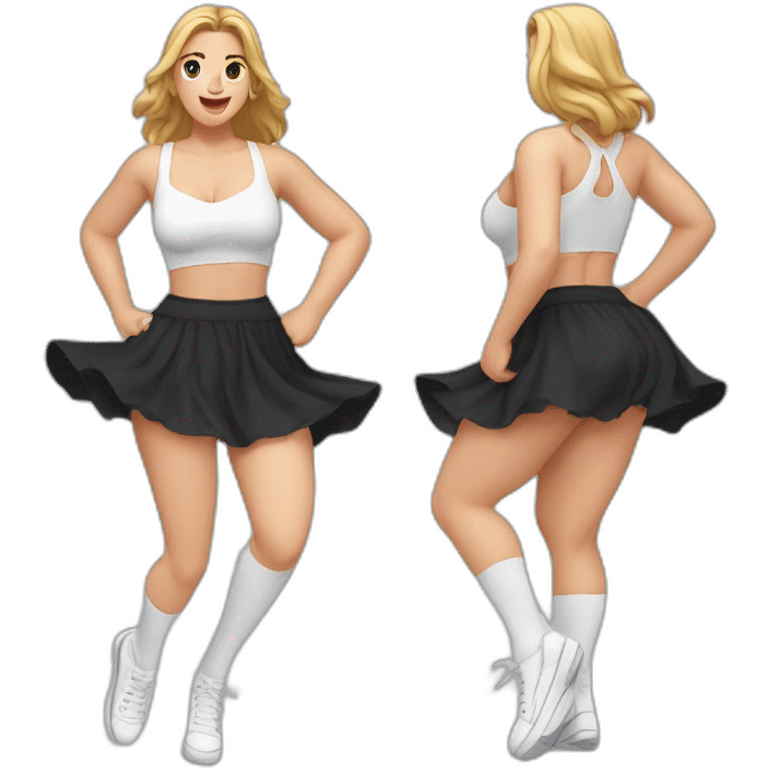 full-body-caucasian-curvy-beauty-jumping-short-black-skirt-back-and-front-views-strong-wind-white-knickers-long-white-socks emoji