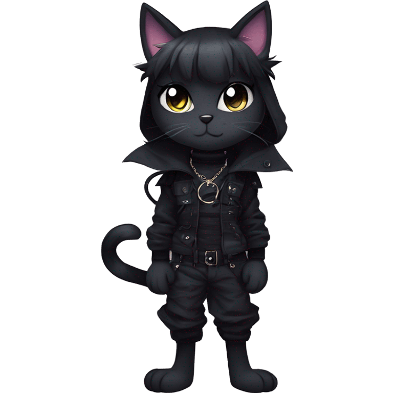 Gorgeous gothic dark techwear anime style anthro black cat furry with blushing face aesthetic and pretty edgy black with collar and harness trending style emoji