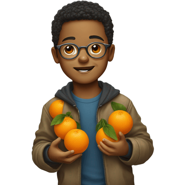 portrait of a cute boy with mandarin oranges for chinese new year plus round metal frame specs emoji