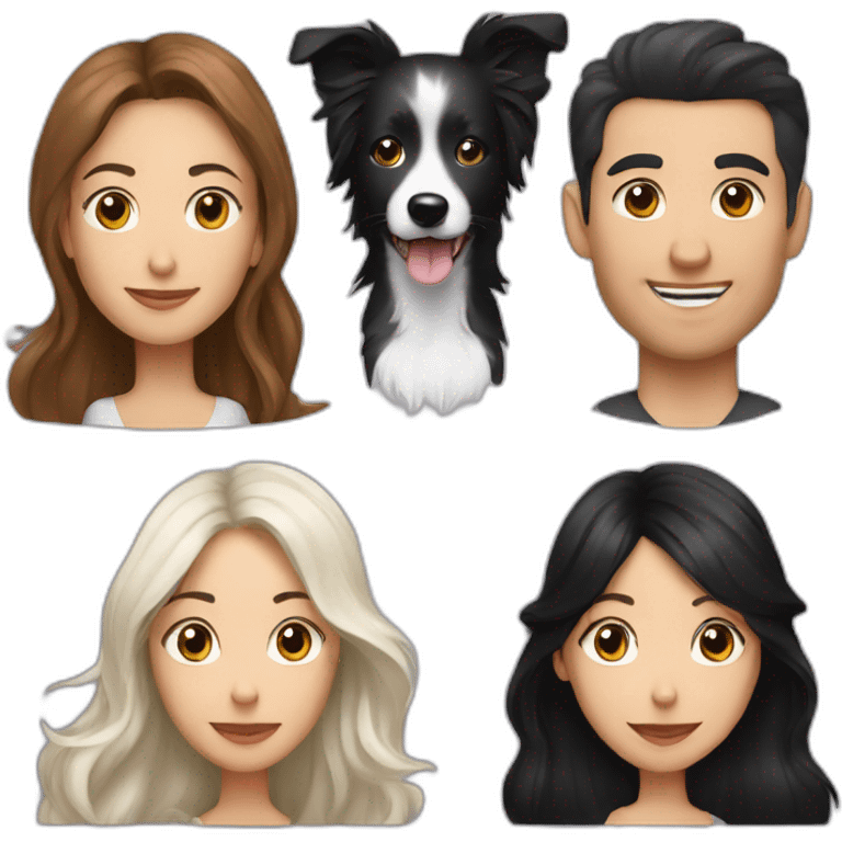 Family formed by a White man on hat and a White woman with long black hair and one small black border collie dog emoji