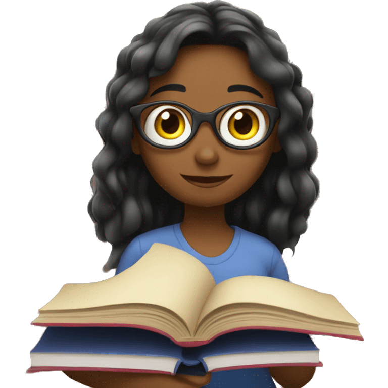 girl reading a book with bunch of books in the back emoji