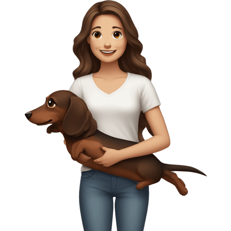 Girl long wavy brown hair smiling and brown eyes with long eyelashes and holding a dachshund  in her arms emoji