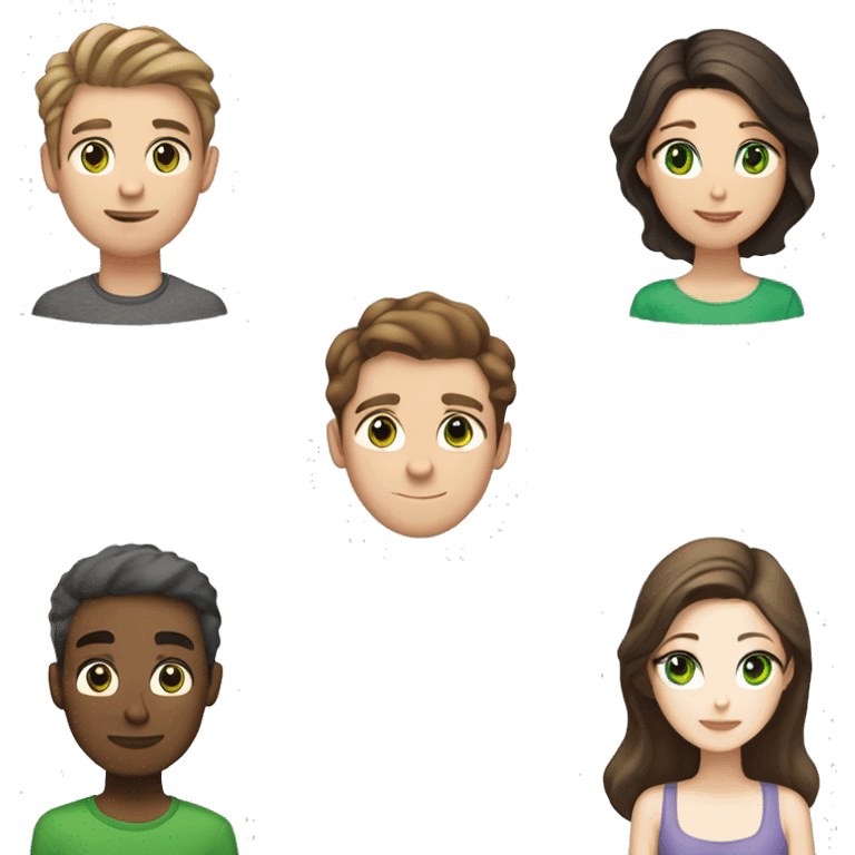 a brunette guy with fair skin and green eyes, next to him a brunette girl with fair skin and green eyes, and between them a gray tabby cat emoji