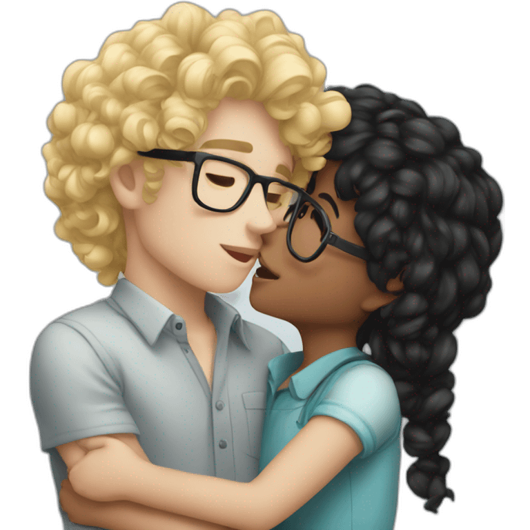 Boy curly blonde hair glasses kissing girl black hair emoji