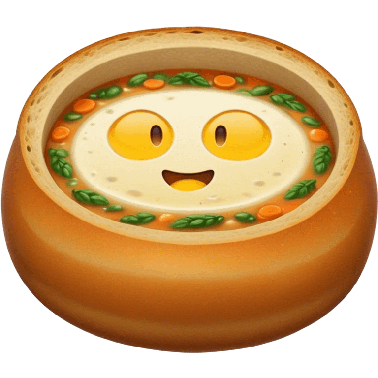 Żurek Cinematic Realistic Żurek Soup Dish Emoji, depicted as a tangy rye soup served inside a hollowed-out round loaf of bread, rendered with rich textures and dynamic, comforting lighting. emoji