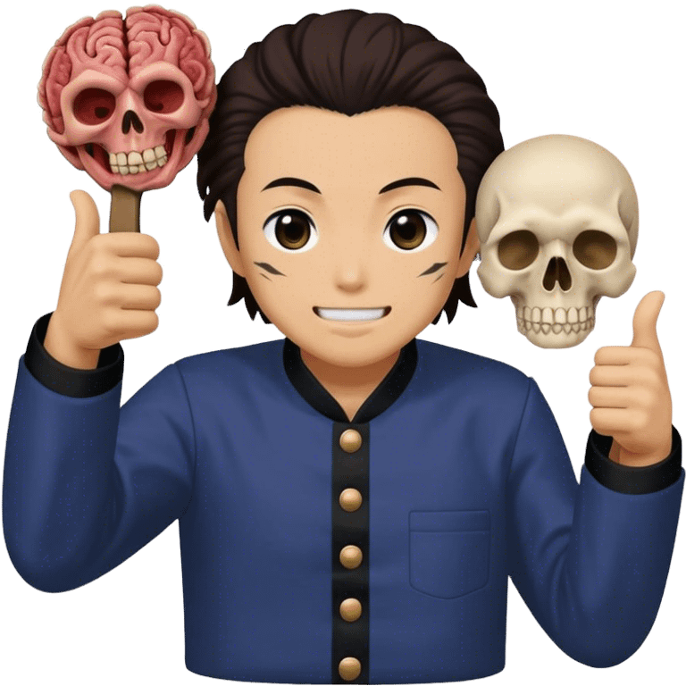 Tanjiro Kamado doing a thumbs up while holding Muzan’s dead head emoji