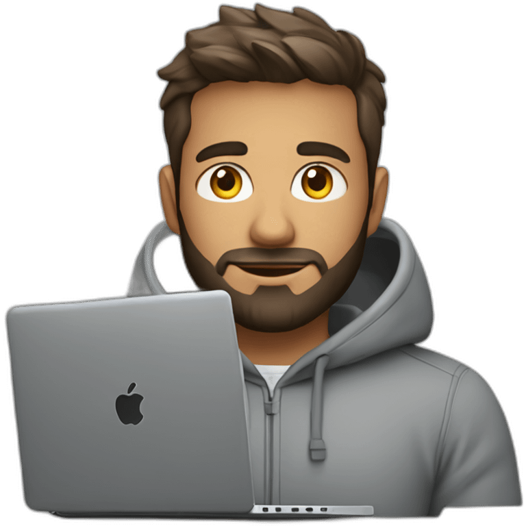 A project manager in a gray hoodie and with a short beard in front of an apple laptop emoji