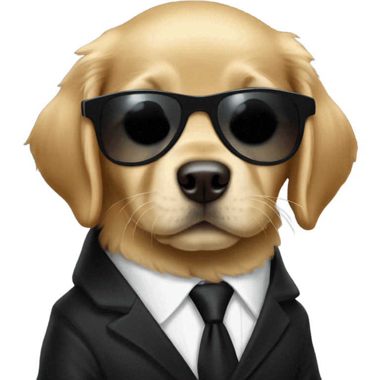 Golden retriever puppy in all black suit and sunglasses emoji