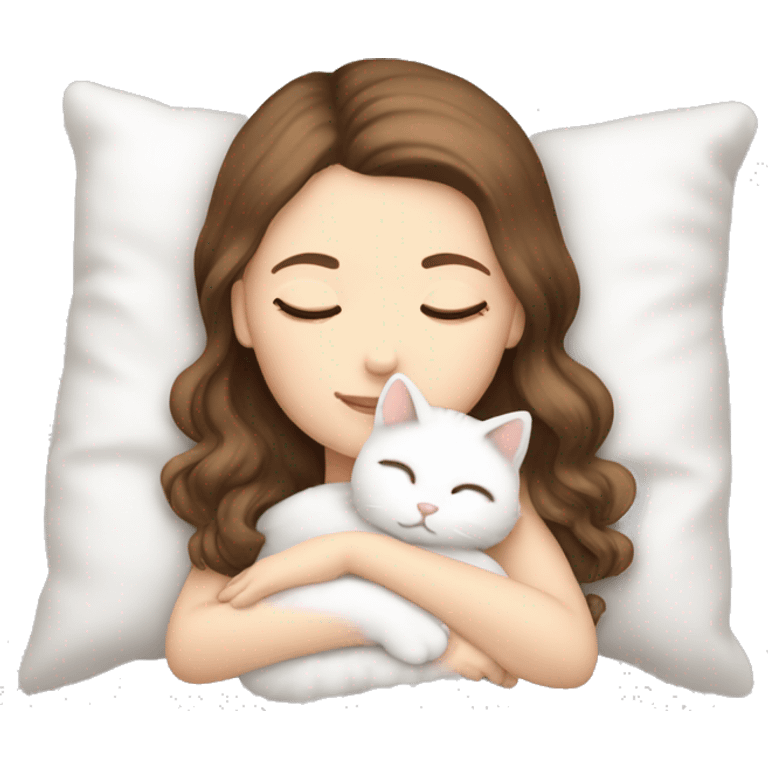 White girl brown hair sleeping with white kitty emoji