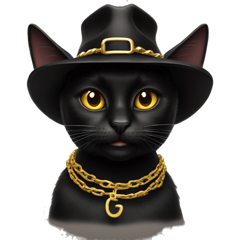 Black cat with LA fitted hat on and gold chains emoji