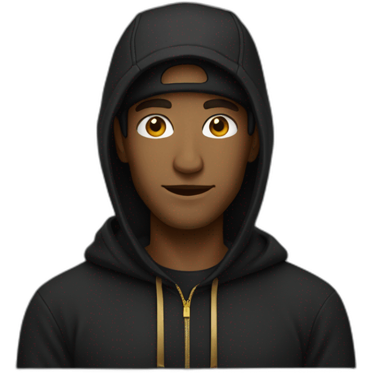 Man in cap and black hoodie with gold text emoji