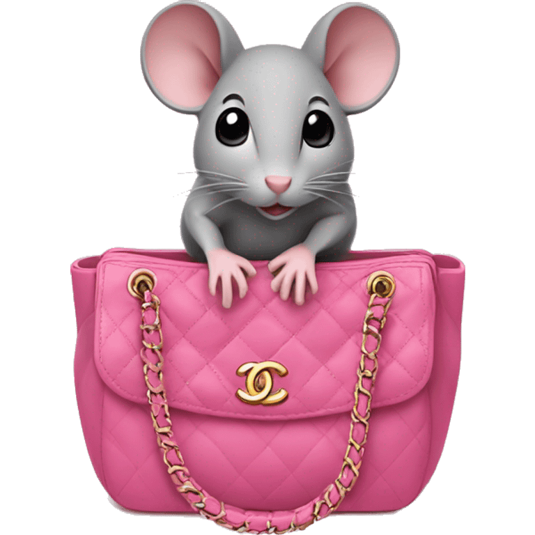 Grey mouse is sitting in a pink chanel bag emoji