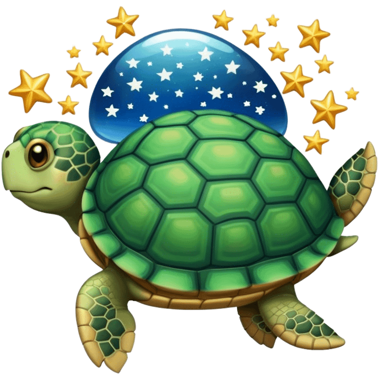 Turtle reflection in a mirror with stars emoji